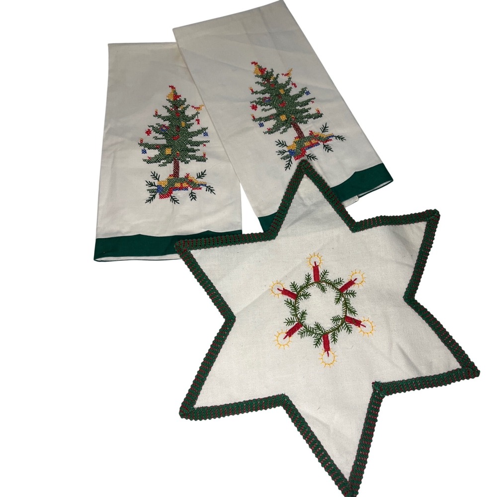 Vintage Cross stitched set of Two Tea towels and one‎ Star Doily Handmade